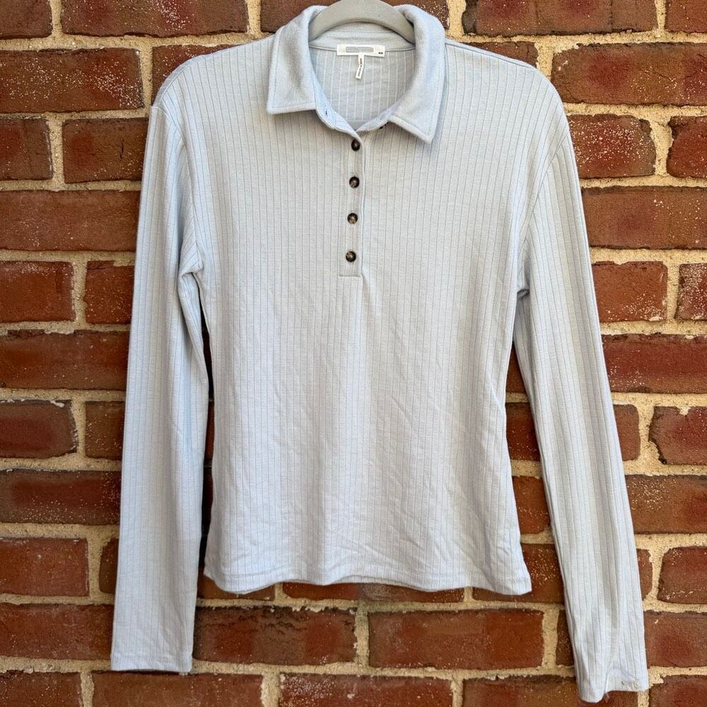 Rag & Bone $178 Rib Knit Polo Top Long Sleeve Blue Gray Medium NEW